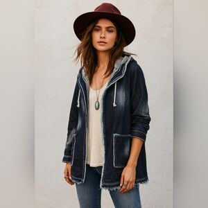 Elissia Europe Frayed Denim Jacket Size S/M Hooded Boho Made In Italy